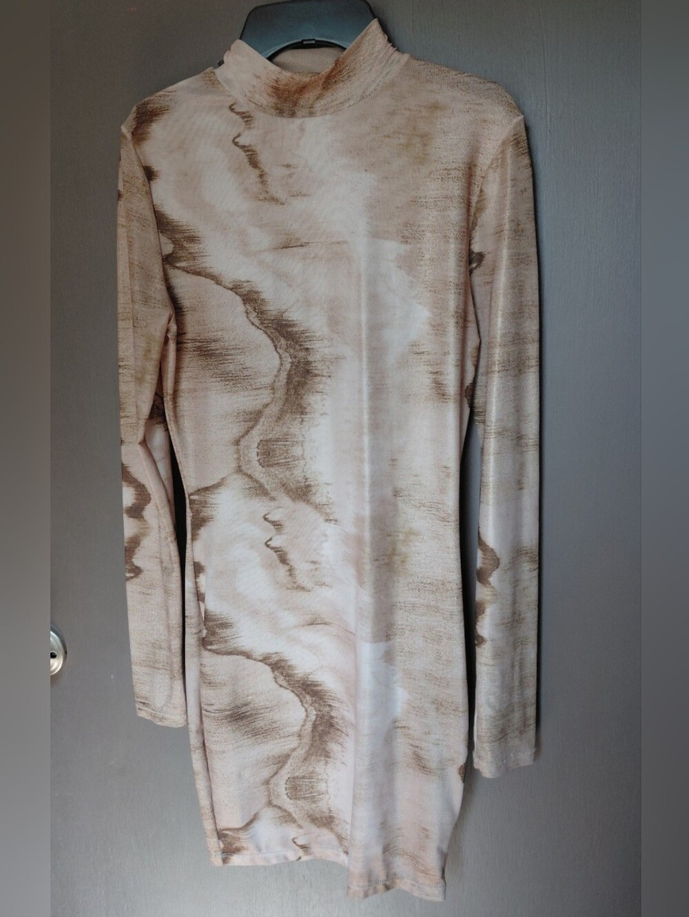 Mock Neck Long-Sleeve Marble Print Dress in Neutral Beige
